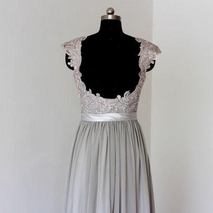Long Bridesmaid Dress, Grey Bridesmaid Dress, Lace..