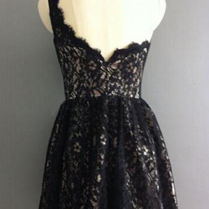 Black Lace One-shoulder Short Bridesmaid Dress,..