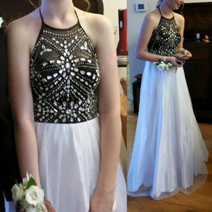 Long Prom Dress, Halter Prom Dress, White And..