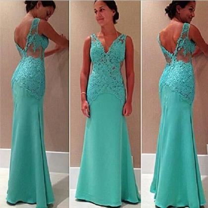 Long Prom Dress, Turquoise Prom Dress, Lace Prom..