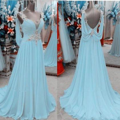 Long Prom Dress, Blue Prom Dress, Chiffon Prom..