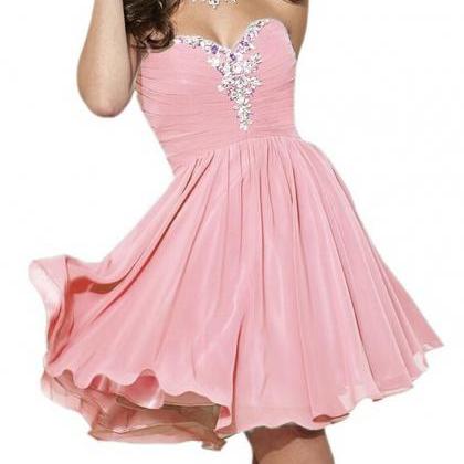 Beaded Embellished Pink Chiffon Ruched Sweetheart..