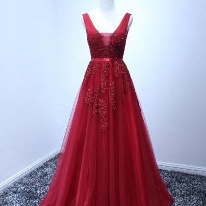 Red A-line Prom Dress,long Prom Dresses,lace Prom..