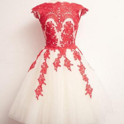 Red Lace Homecoming Dress,cap Sleeves Homecoming..