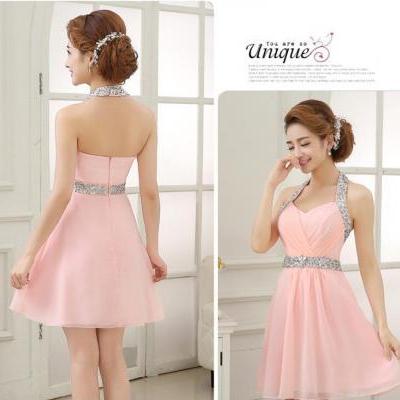 short homecoming dress, pink homecoming dress, halter prom dress, pretty prom dress, short bridesmaid dress, cheap prom dress, 14896