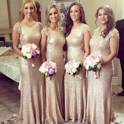 sparkle bridesmaid dress, long bridesmaid dress, champagne sequin bridesmaid dress, lace sleeves bridesmaid dress, 141000