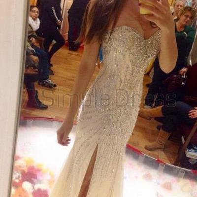 long prom dress, champagne prom dress, party prom dress, sparkle prom dress, sweetheart prom dress, side slit prom dress, evening dress gown, 141585