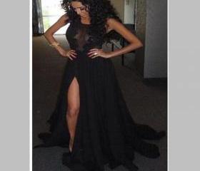 A-line Sheer Long Sleeve Illusion Lace Chapel Black Chiffon Prom Dress, Beaded Split main image 1
