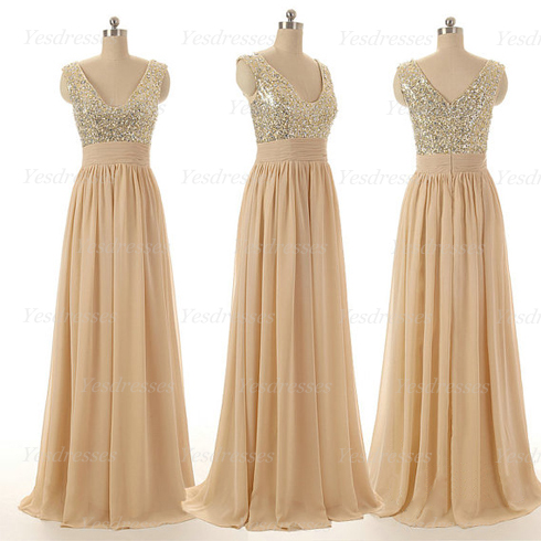 Long Prom Dress, Champagne Prom Dress, Sequin Prom Dress, Bridesmaid Prom Dress, Long Bridesmaid Dress, Long Evening Dress, 14101