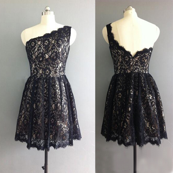 Black Lace One-shoulder Short Bridesmaid Dress, Homecoming Dress