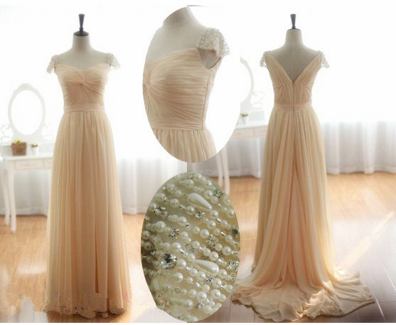 Long Bridesmaid Dress, Champagne Bridesmaid Dress, Bridesmaid Dress, Chiffon Bridesmaid Dress, Cap Sleeves Bridesmaid Dress, 14962