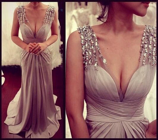 Long Prom Dress, Gray Prom Dress, Party Prom Dress, V-neck Prom Dress, Prom Dress, Prom Dress 2015, Evening Dress, 142311