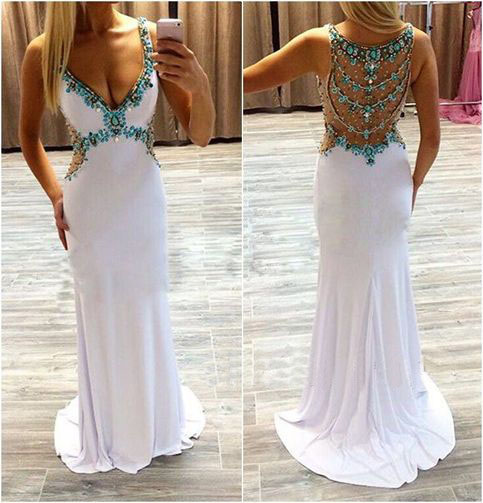 Long Prom Dress, White Prom Dress, Party Prom Dress, Chiffon Prom Dress, Prom Dress, V-neck Prom Dress, Evening Dress Gown, 141248