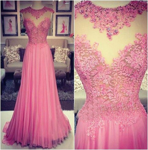 Long Prom Dress, Pink Prom Dress, Party Prom Dress, Chiffon Prom Dress With Lace, Prom Dress, Modest O-neck Prom Dress, Evening Dress, 141261