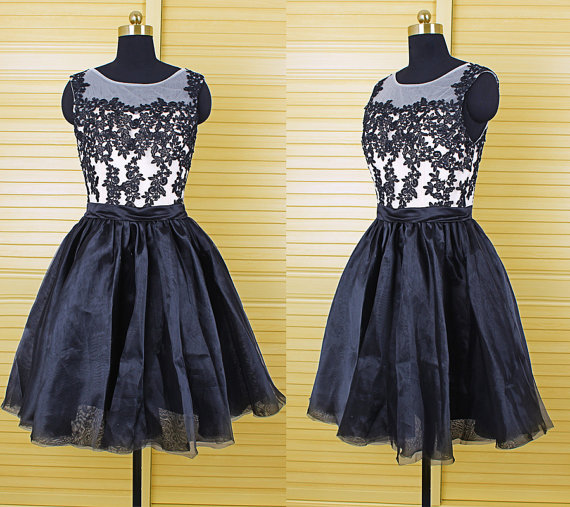 Short Black Lace Party Prom Dress, Junior Homecoming Dress, Short Black Pretty Wedding Bridesmaid Dresses For Girls, 141298
