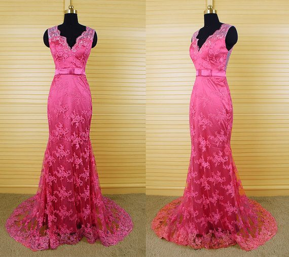 Long Prom Dress, Lace Prom Dress, Pink Prom Dress, Mermaid Prom Dress, V-neck Prom Dress, Prom Dress, Evening Dress, 141306