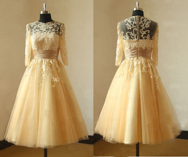 Lace Prom Dress, Champagne Prom Dress, Vintage Prom Dress, Homecoming Dress, Long Sleeves Prom Dress, Prom Dress, Evening Dress, 141315