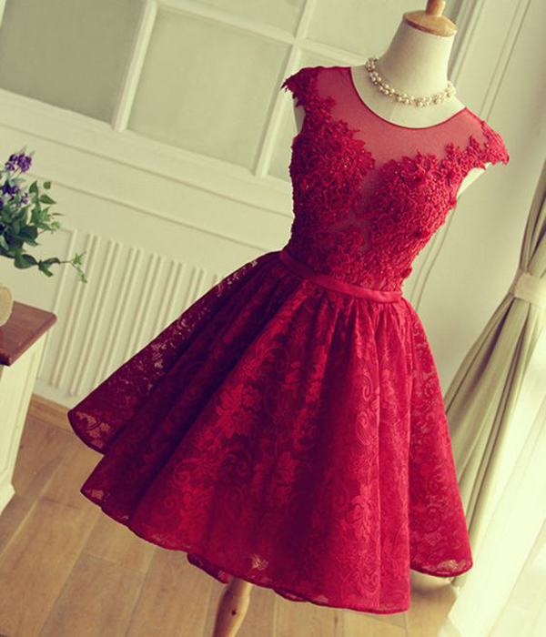 Short Prom Dress,red Homecoming Dress ,lace Homecoming Dress ,open Back Homecoming Dress ,cap Sleeves Homecoming Dress ,lovely Homecoming Dress