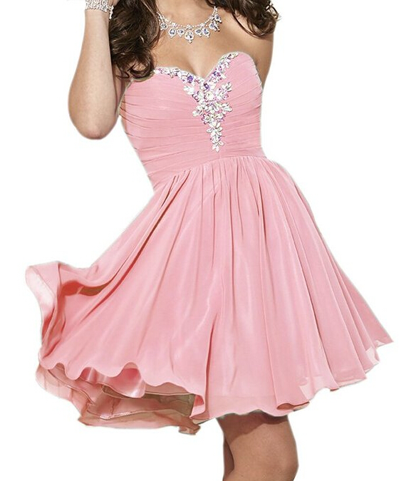 Beaded Embellished Pink Chiffon Ruched Sweetheart Short Homecoming Dress