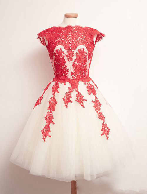 Red Lace Homecoming Dress,cap Sleeves Homecoming Dress,tulle Homecoming Dress, Pretty Homecoming Dress,junior Homecoming Dress With