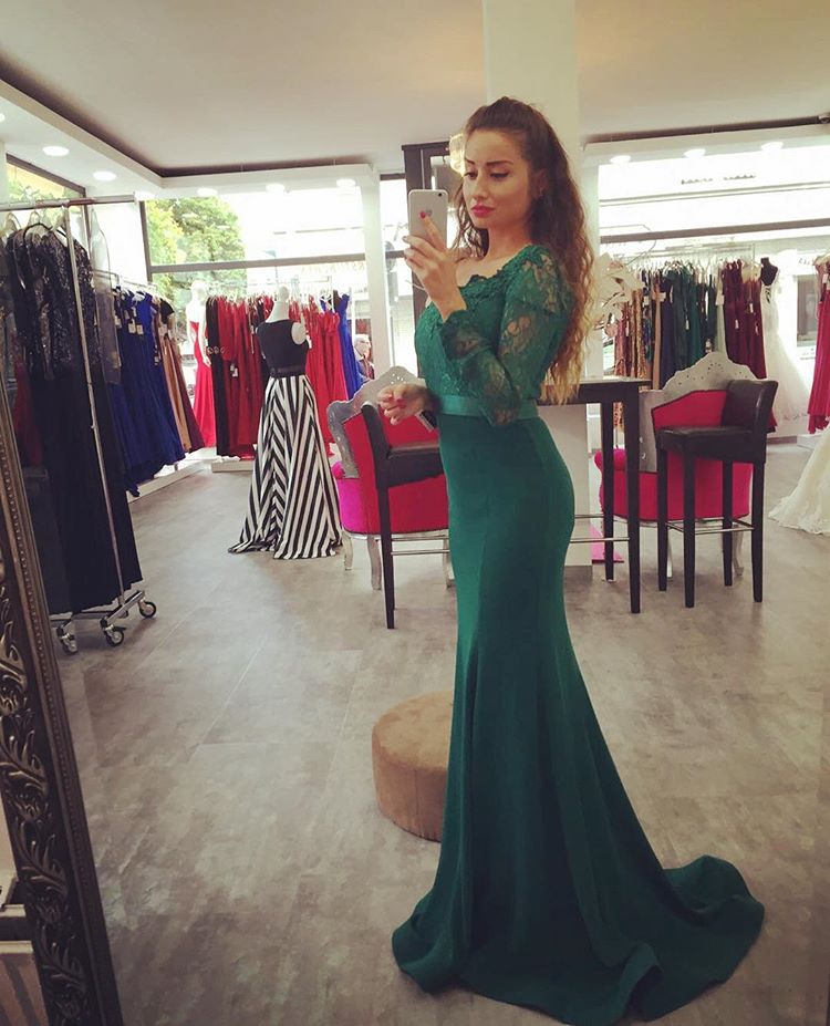 Dark Green Mermaid Prom Gown Charming Prom Dress Long Sleeve Prom