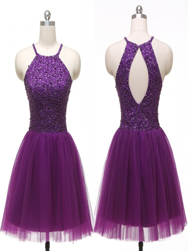 Short Homecoming Dress , Tulle Homecoming Dress With Beads ,Halter ...